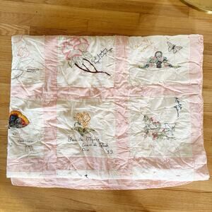 Hand Stitched Embroidered Floral Oregon Block Quilt Vintage Pink 69x78”